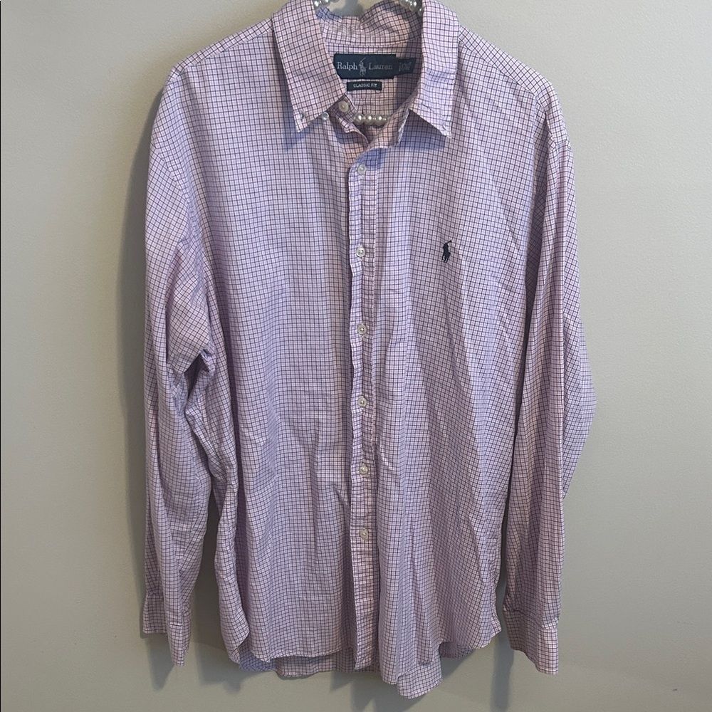 Ralph Lauren Mens Classic Fit Button Down Dress Shirt 16.5 34/35 Pink Plaid